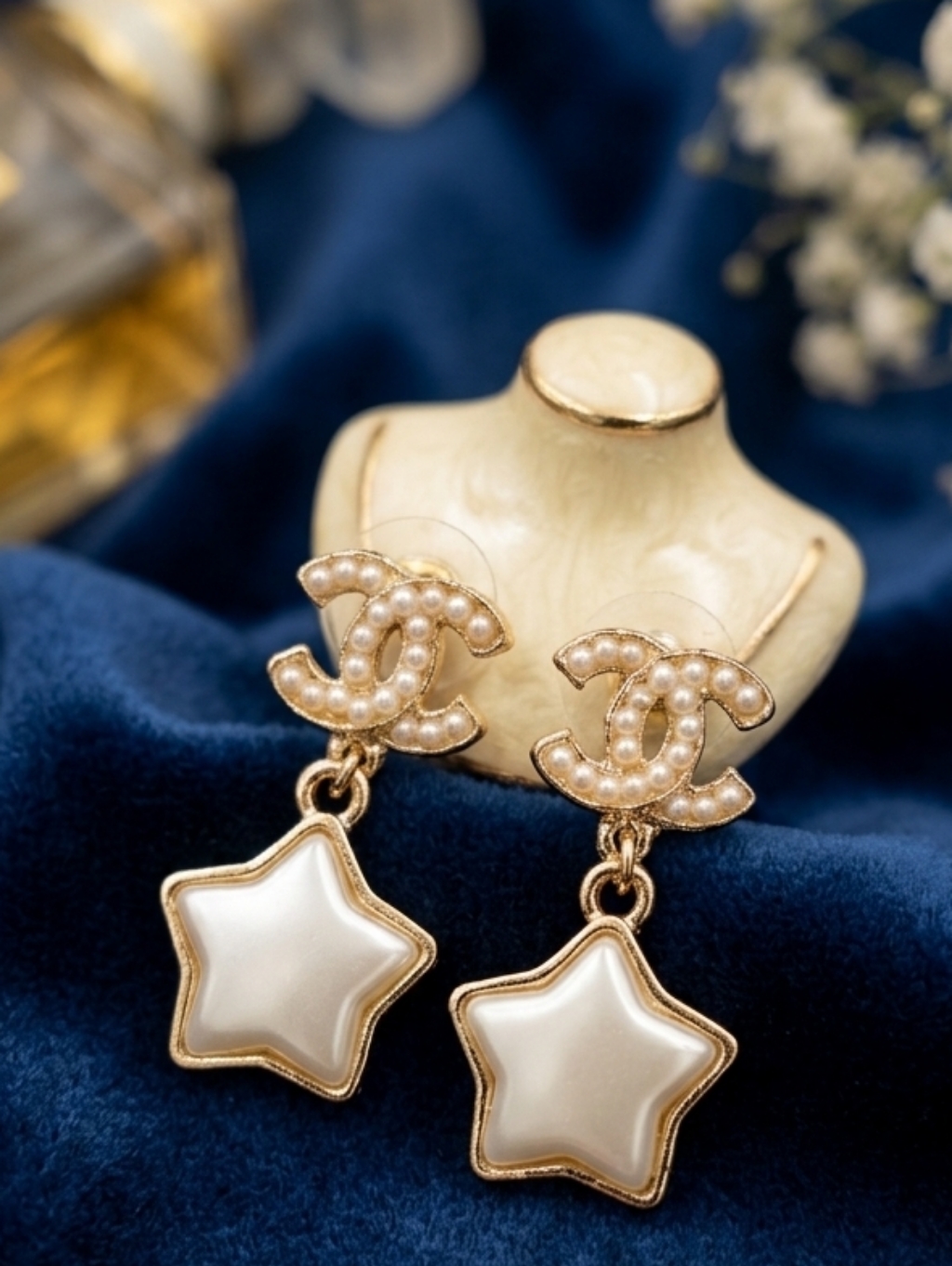 Sterling Silver S925 Postbacks Stamped Gold-Tone Pearl Logo Star Drop Earrings